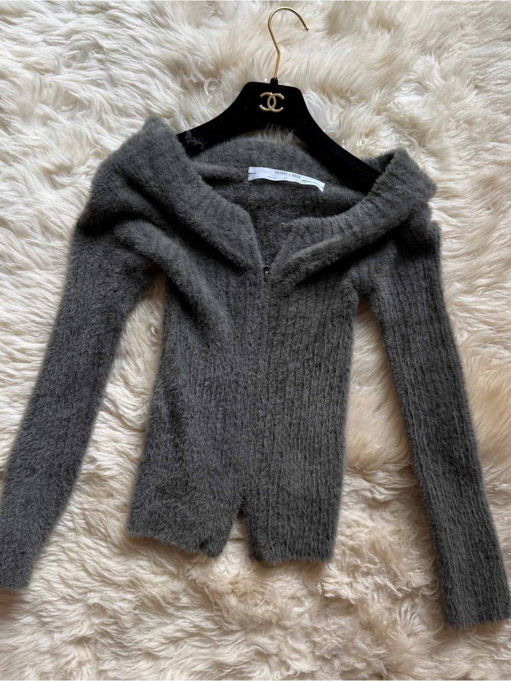 Soft Off-Shoulder Gray Fuzzy Knit Sweater